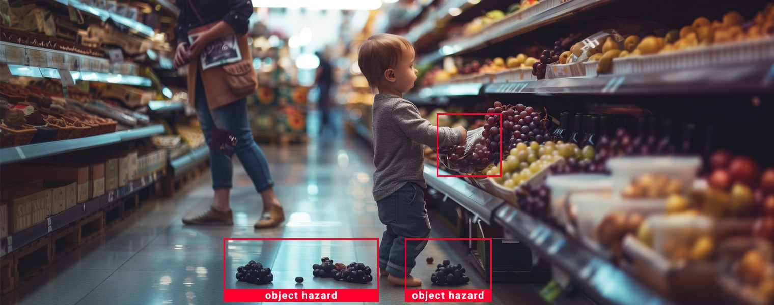 A toddler pulls grapes off a shelf while a retail workplace safety system visually identifies hazards.