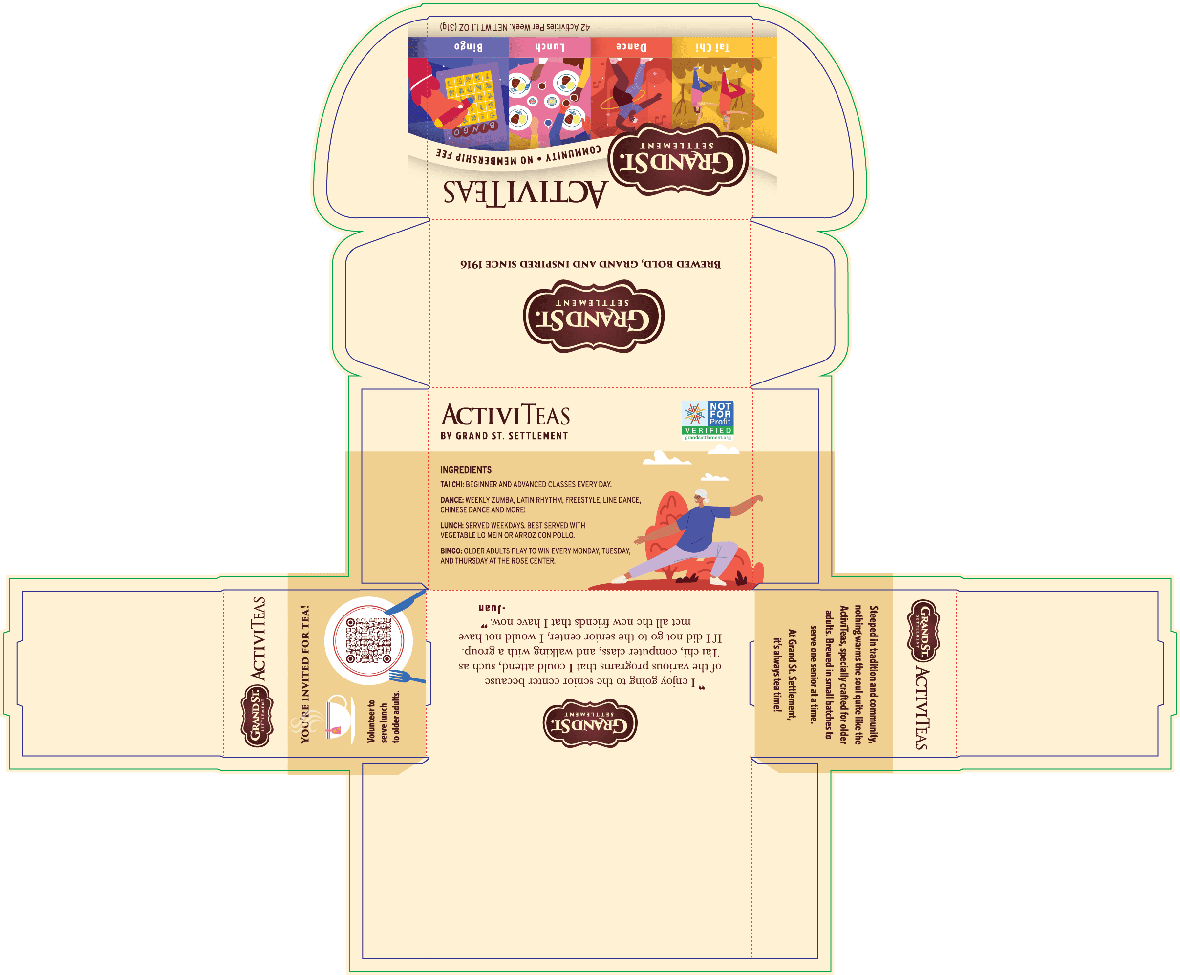 Deconstructed aerial view of a whimsically designed ActiviTeas tea box. Illustrations depict senior center activities, including Tai_Chi, Dance, Lunch, and Bingo. A call to volunteer accompanies illustrations of tea and lunch.Detailed description below.
