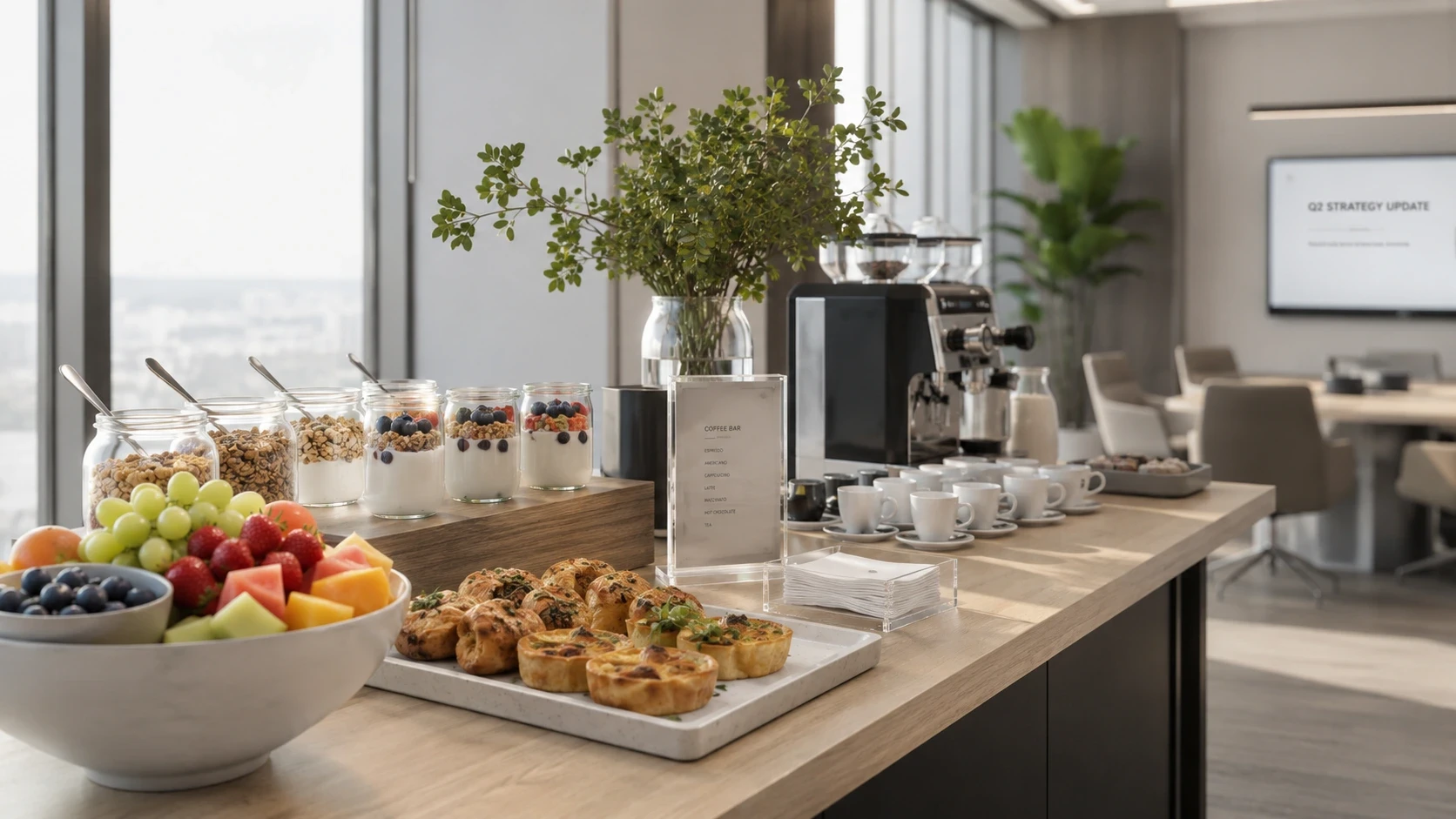endências de buffet corporativo 2026 em estação de coffee break empresarial