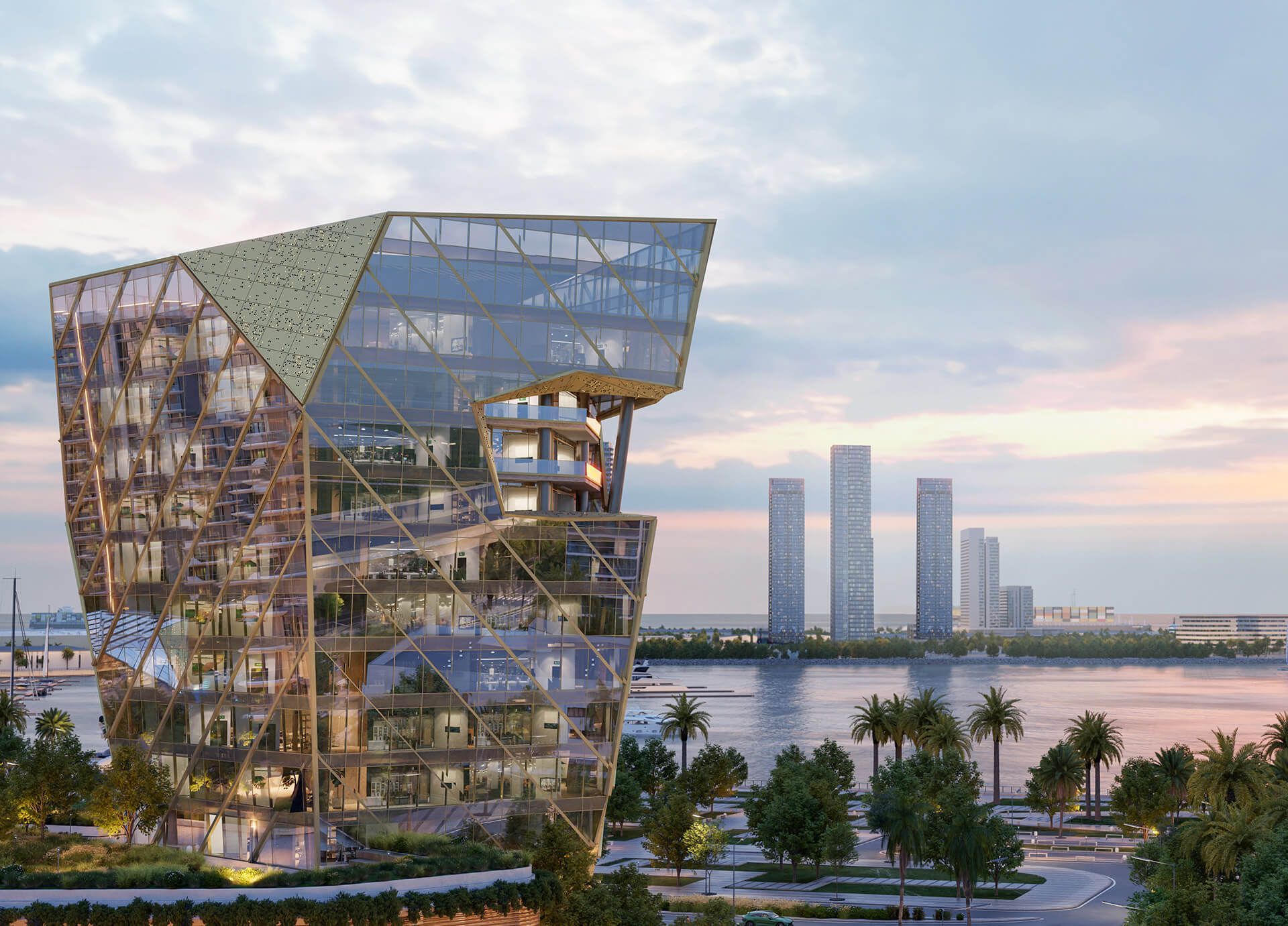 A tall building with upper balconies stands in Portside Square, showcasing modern architecture.