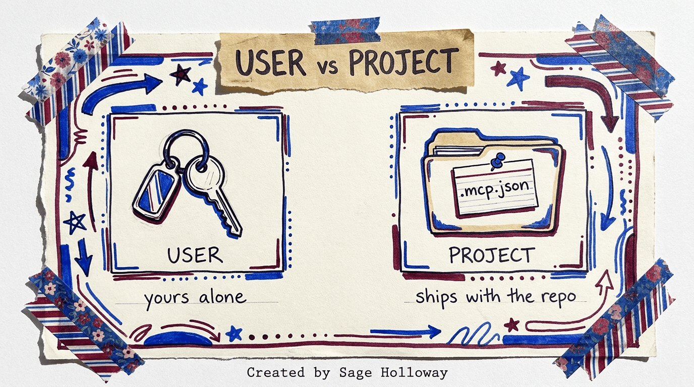 Scrapbook diagram comparing user and project MCP configuration scopes