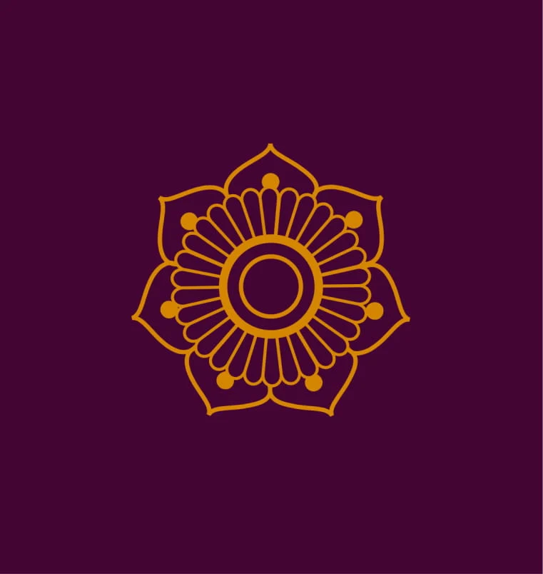 Centered golden-orange geometric floral mandala with layered petals and circular details on a deep purple background, creating a calm, ornate tone.