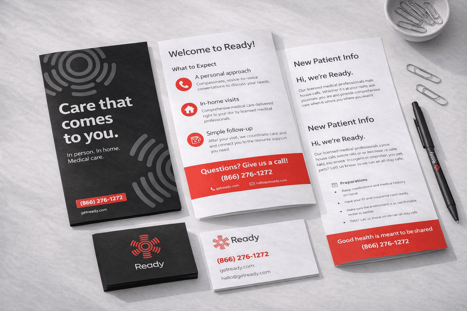 Printed marketing materials for Ready in-home healthcare service designed by Studio Odyssey Los Angeles