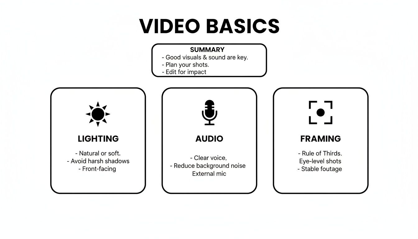 An infographic summarizing video basics with tips on lighting, audio, and framing for better videos.
