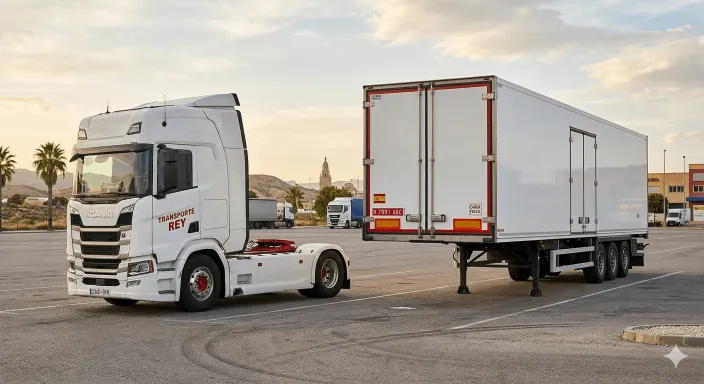 Cabeza tractora y semirremolque con matrícula roja separados en una campa logística.