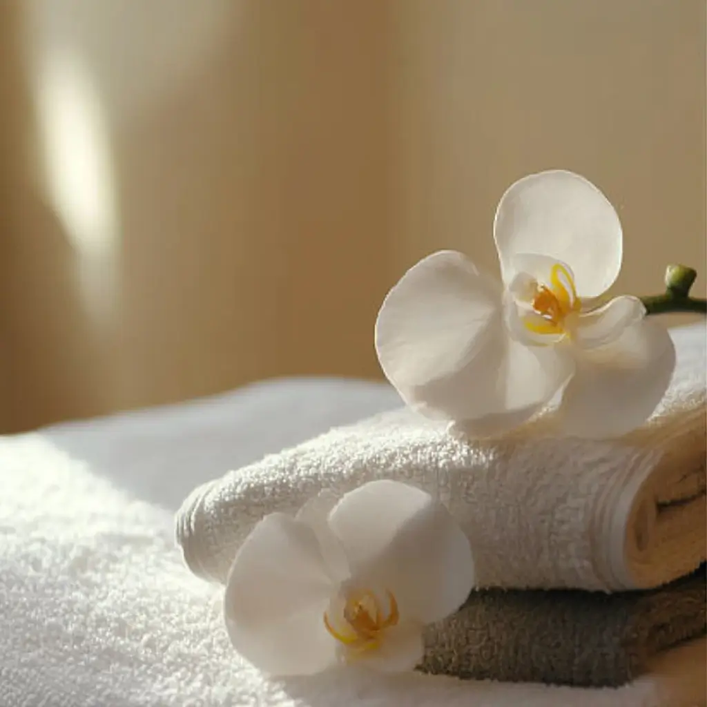 Stacked soft towels with delicate white orchid flowers placed on top, bathed in warm natural light, creating a peaceful spa ambiance.