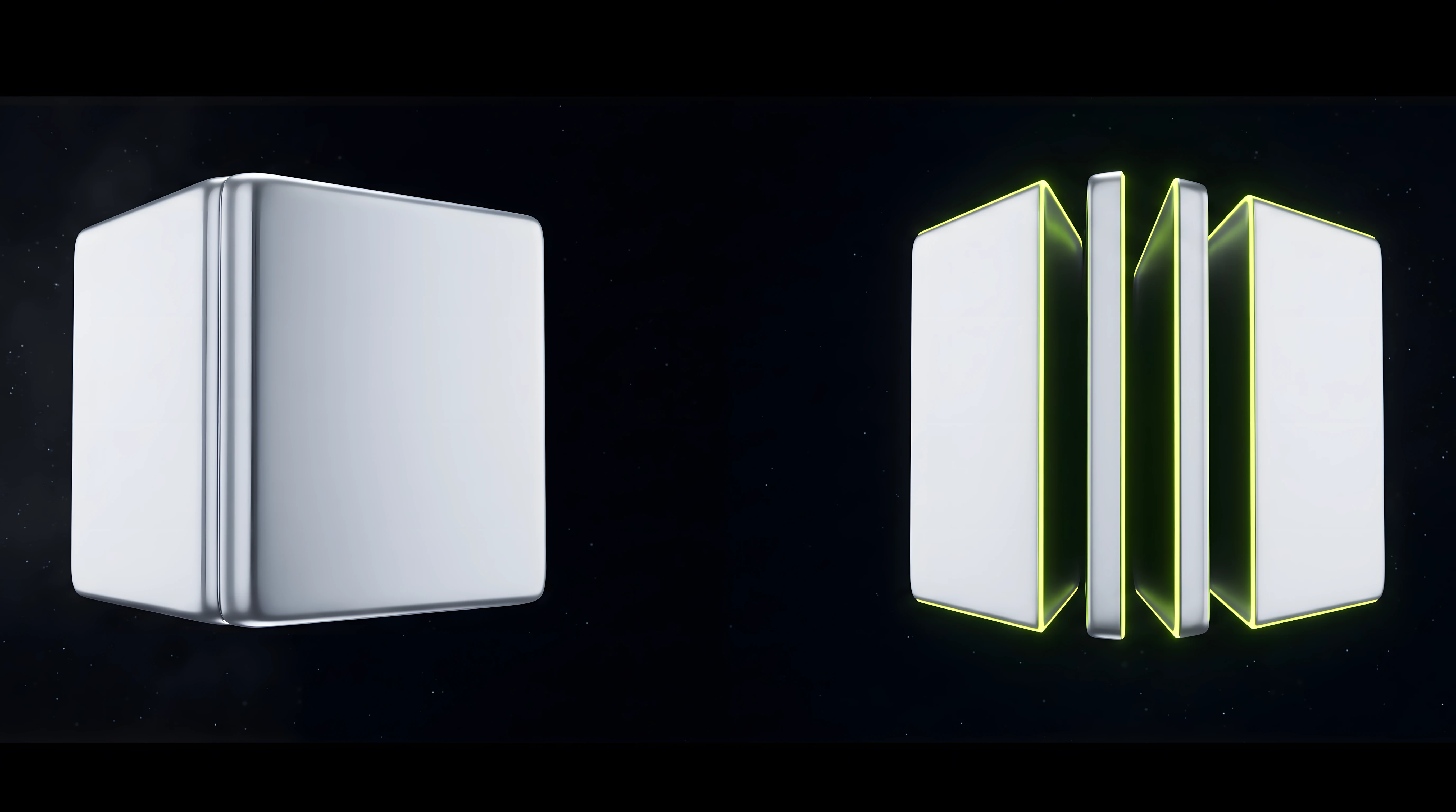 A single sealed liquid chrome form beside an identical form opened into separate adjustable parts on deep void black, representing the difference between a finished site and a template someone else can change.