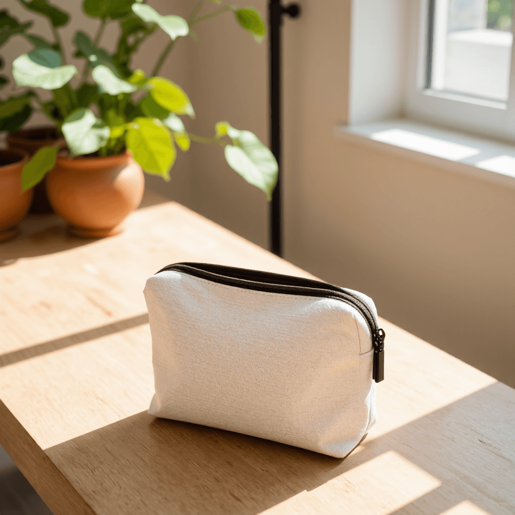 product photography of a zippered pouch for yoga accessories