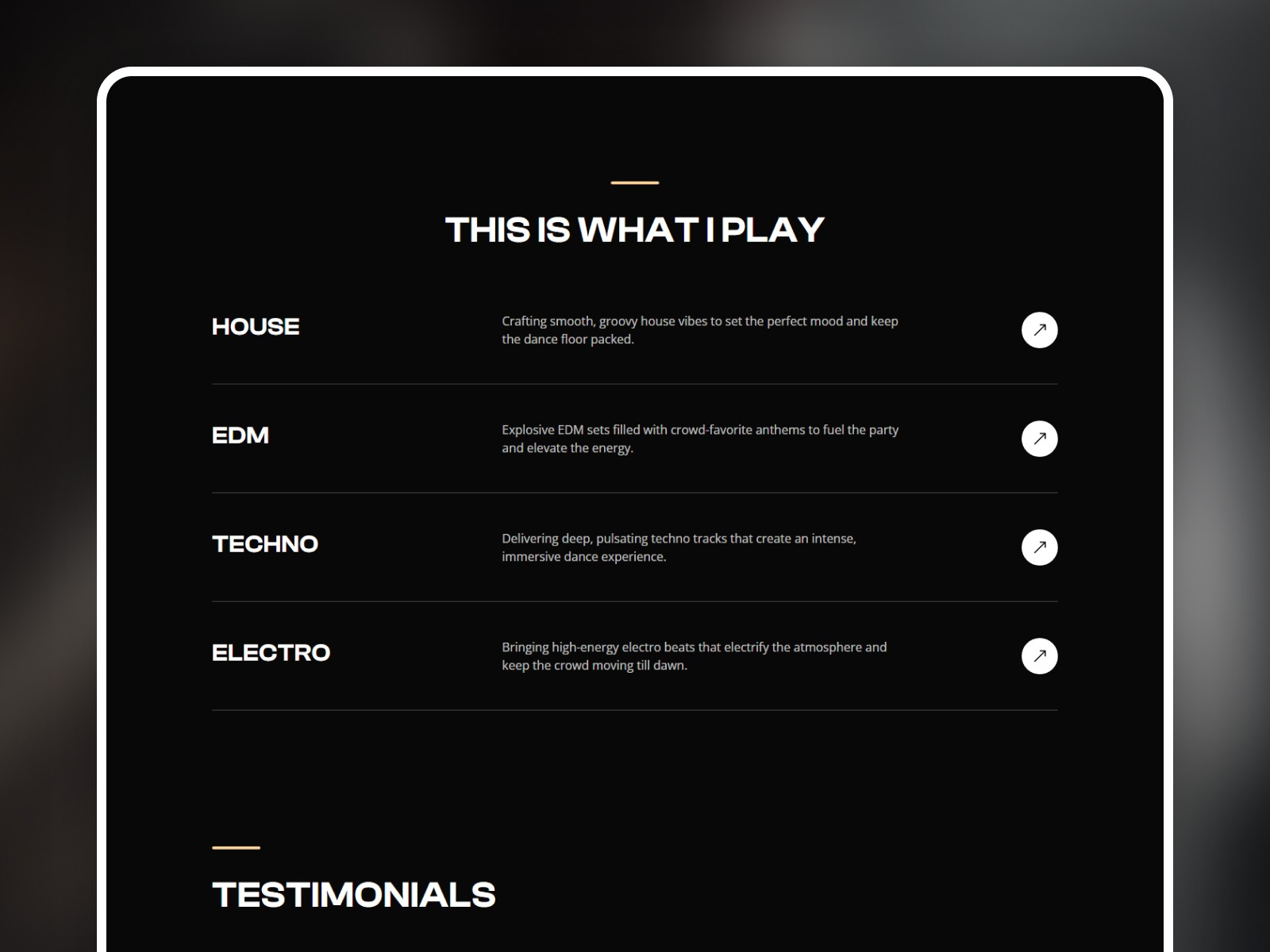 Vibe services page "This Is What I Play" with music genre list