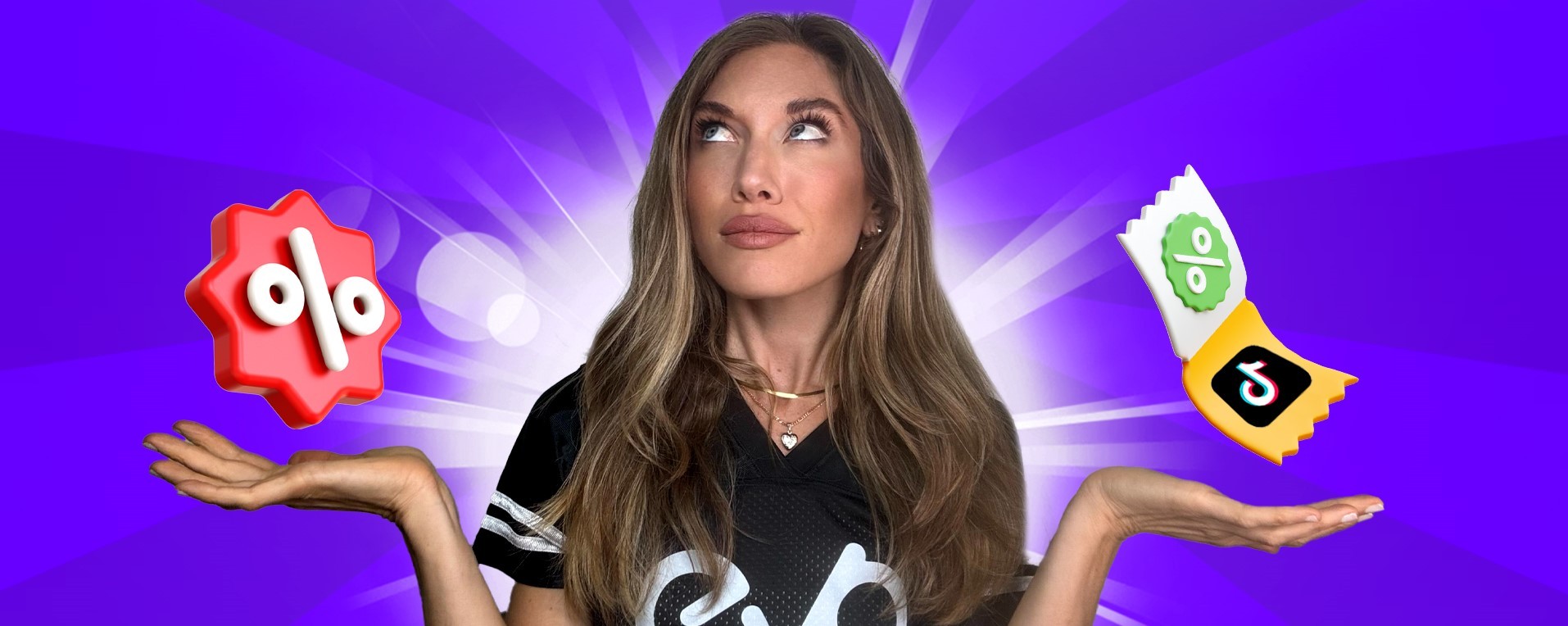 Creator comparing discount badge and TikTok coupon graphic, symbolizing LIVE coupon strategy to increase sales during livestream sessions.