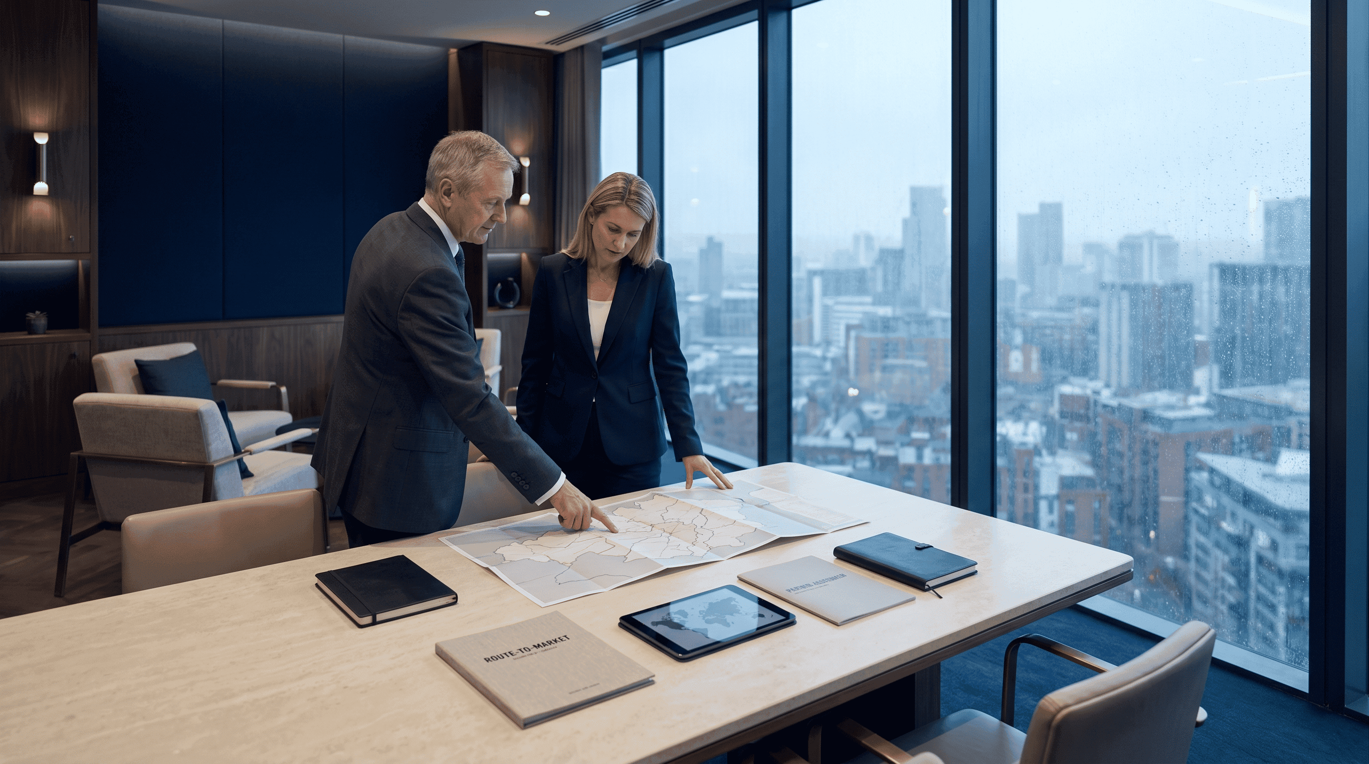Executive adviser reviewing a market-entry route map beside city windows in a luxury navy office.
