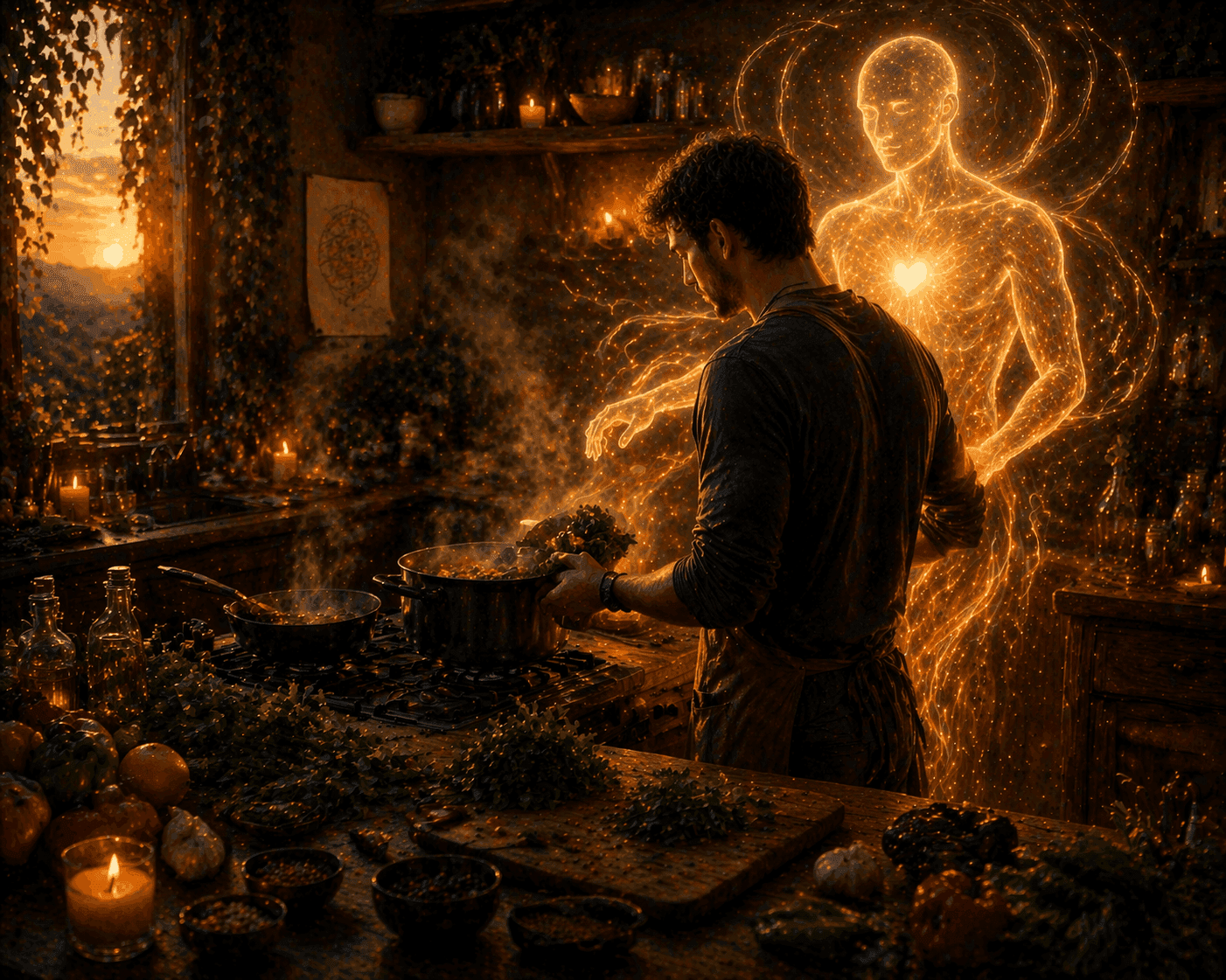 A man preparing food at a stove with a luminous spiritual figure representing inner guidance