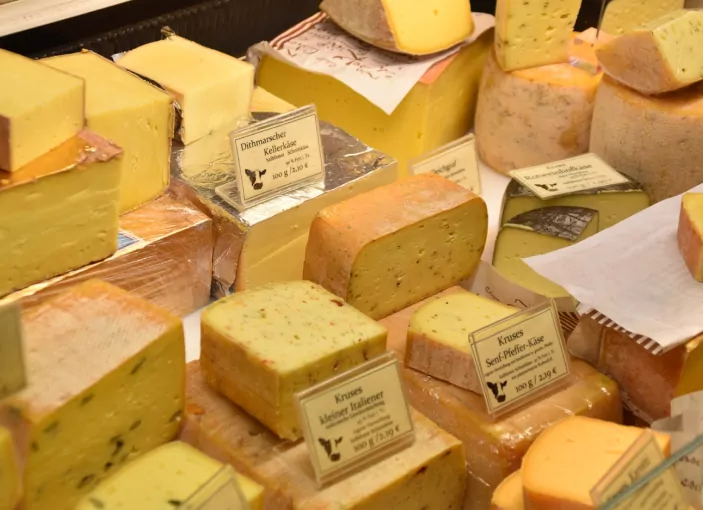 A cheese shop display