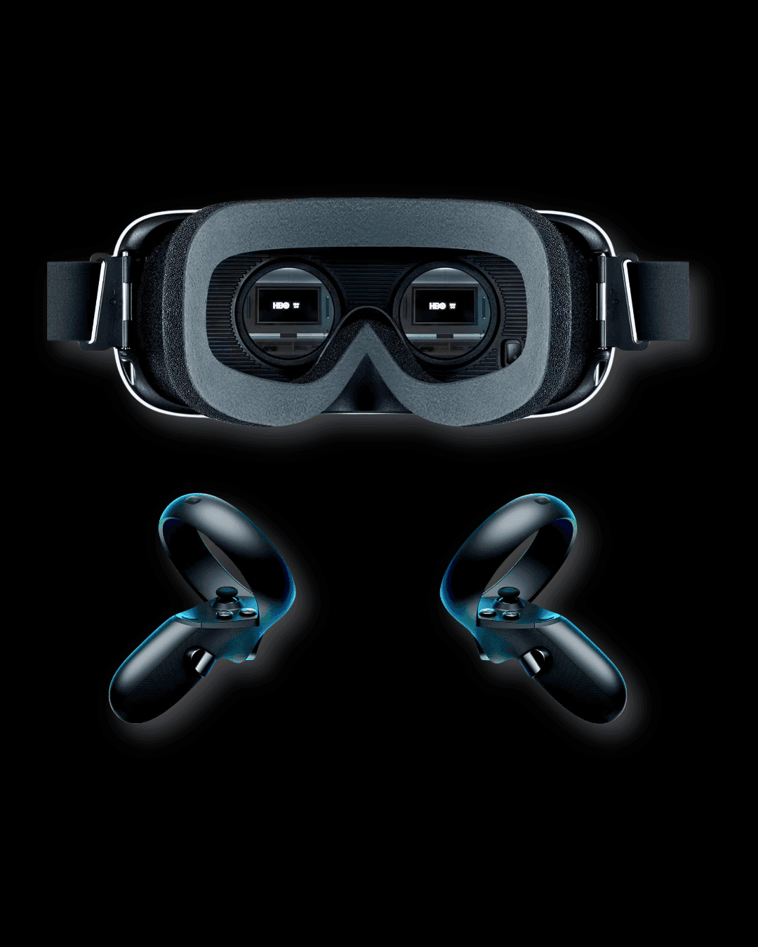 VR headset showing "HBO GO" with two VR controllers.