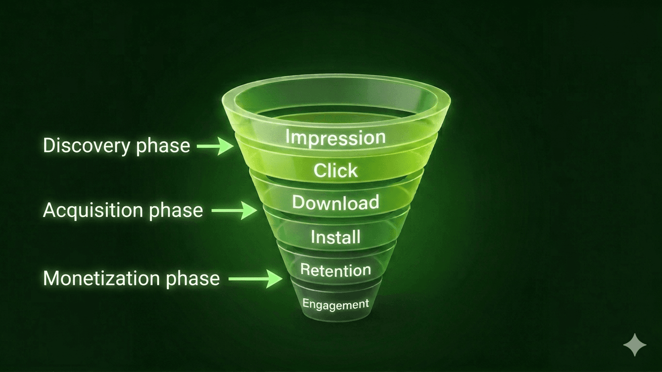 App marketing funnel diagram: Discovery, Acquisition, and Monetization phases from Impression to Engagement