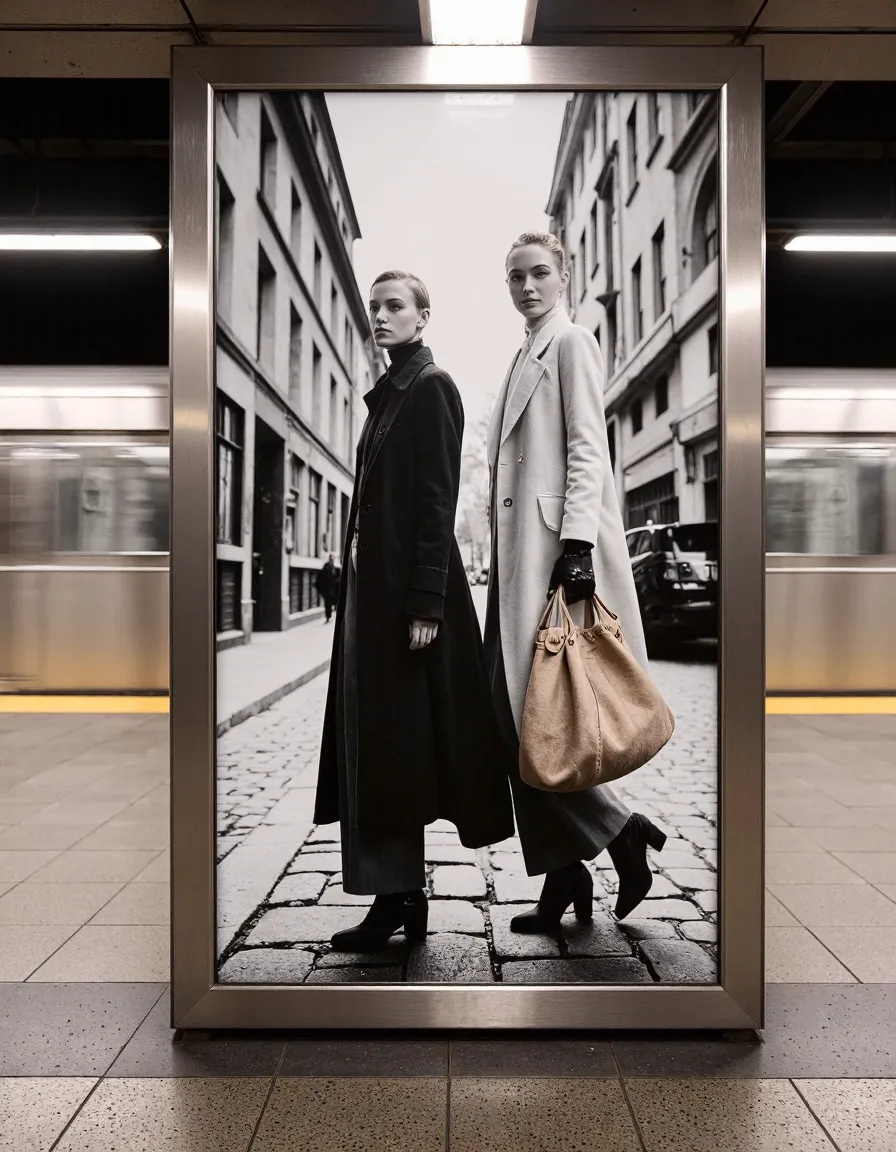 Black and white fashion photo of two models in long coats on cobblestone city street in metallic subway frame