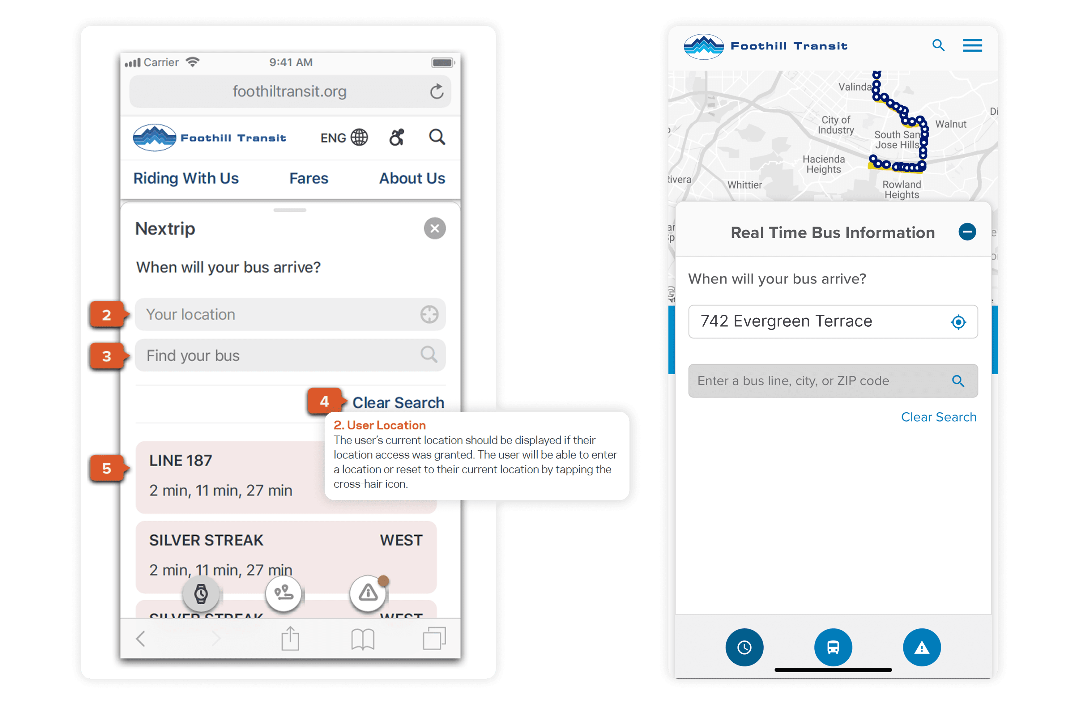 Geolocation wireframe with annotation and live site design.