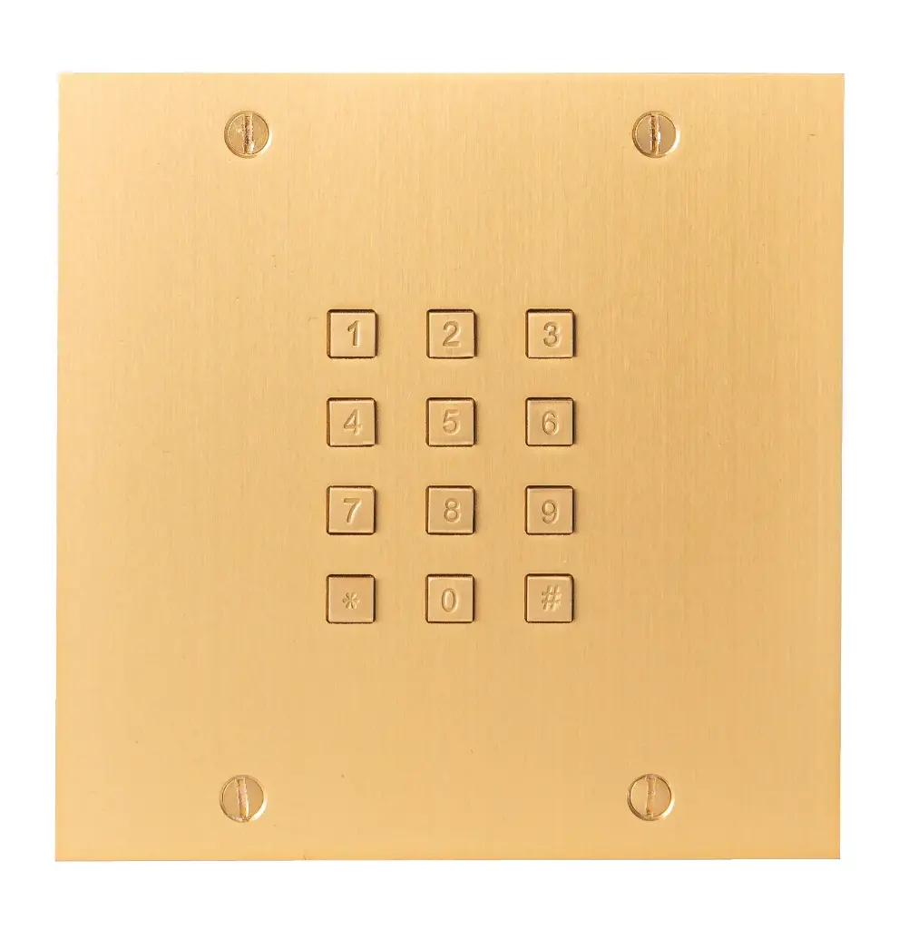Black smart home device with screen showing time and temp