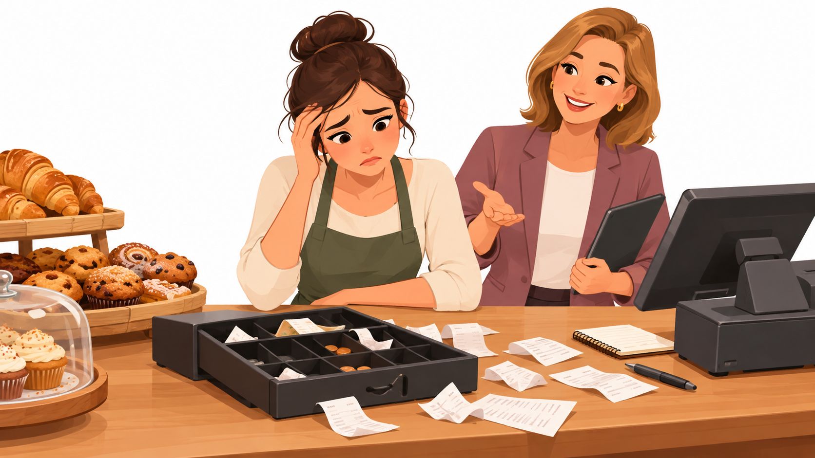 Una empleada estresada frente a una caja registradora mientras su jefa le brinda apoyo y orientación laboral.