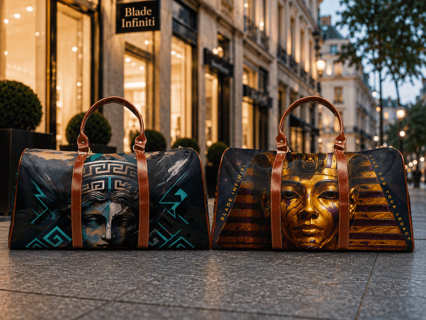 Two Blade Infiniti travel bags with Greek and Egyptian-inspired artwork displayed outside a luxury storefront.