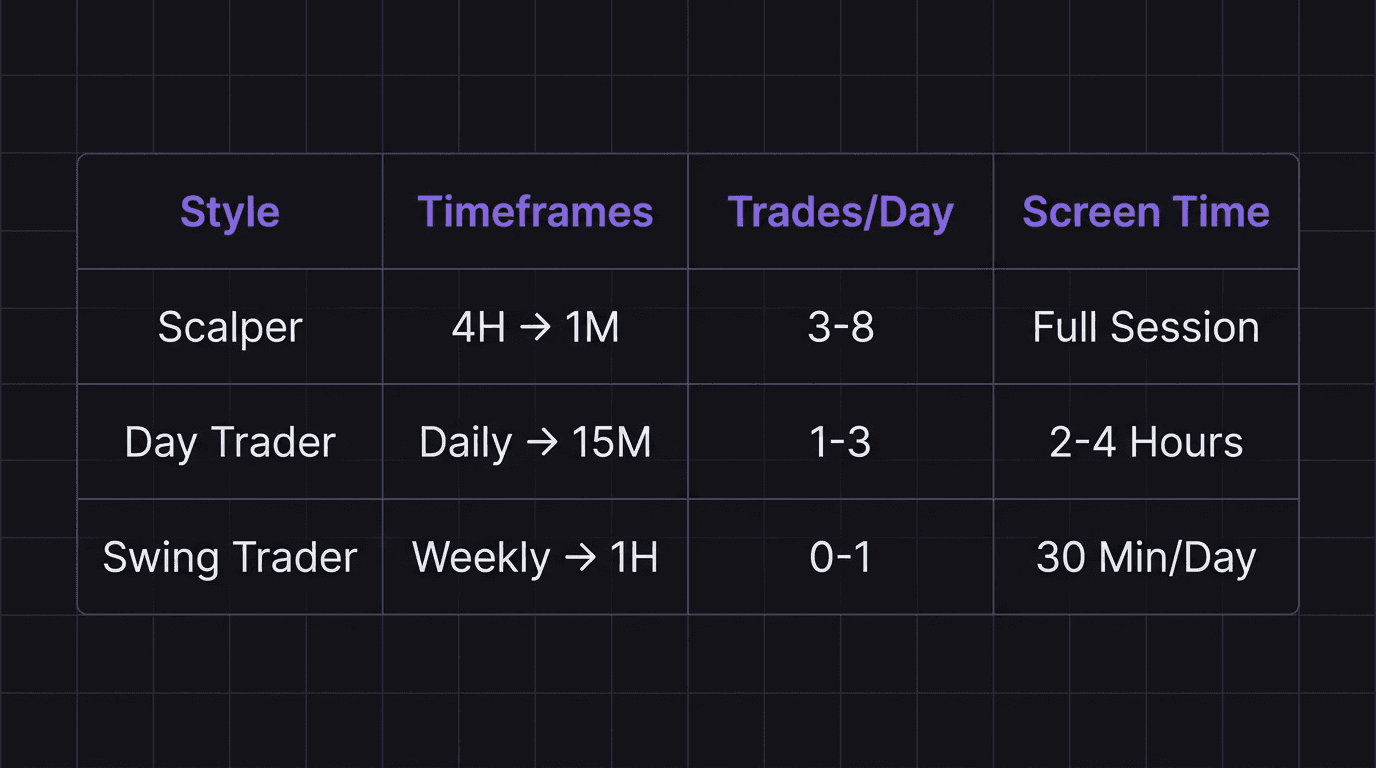 Comparison table of scalping, day trading, and swing trading timeframe pairings and tradeoffs
