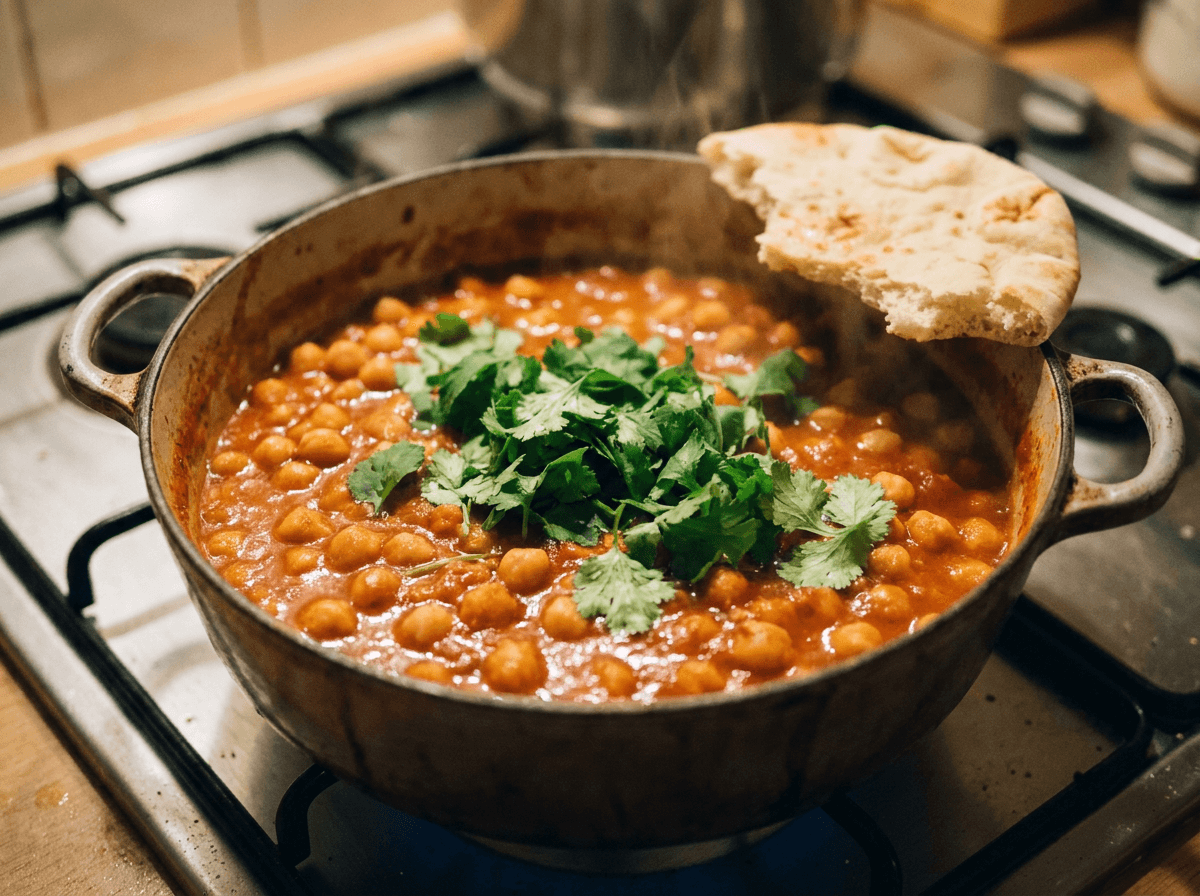 One-pot chickpea curry dinner recipe with naan on stovetop