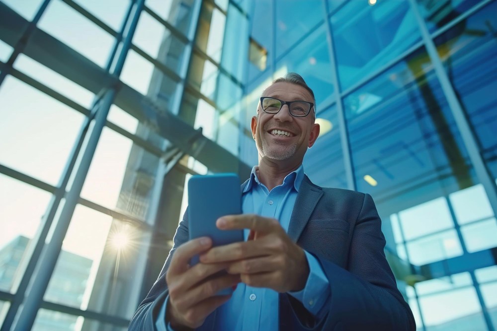 Smiling professional holding a smartphone in front of a glass office building, representing confidence and connectivity through HoustonPlus solutions.