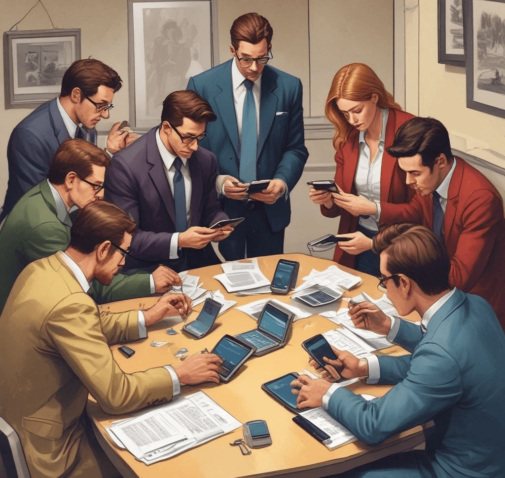 Heso blog image, group of people in a business meeting all reliant on their phones