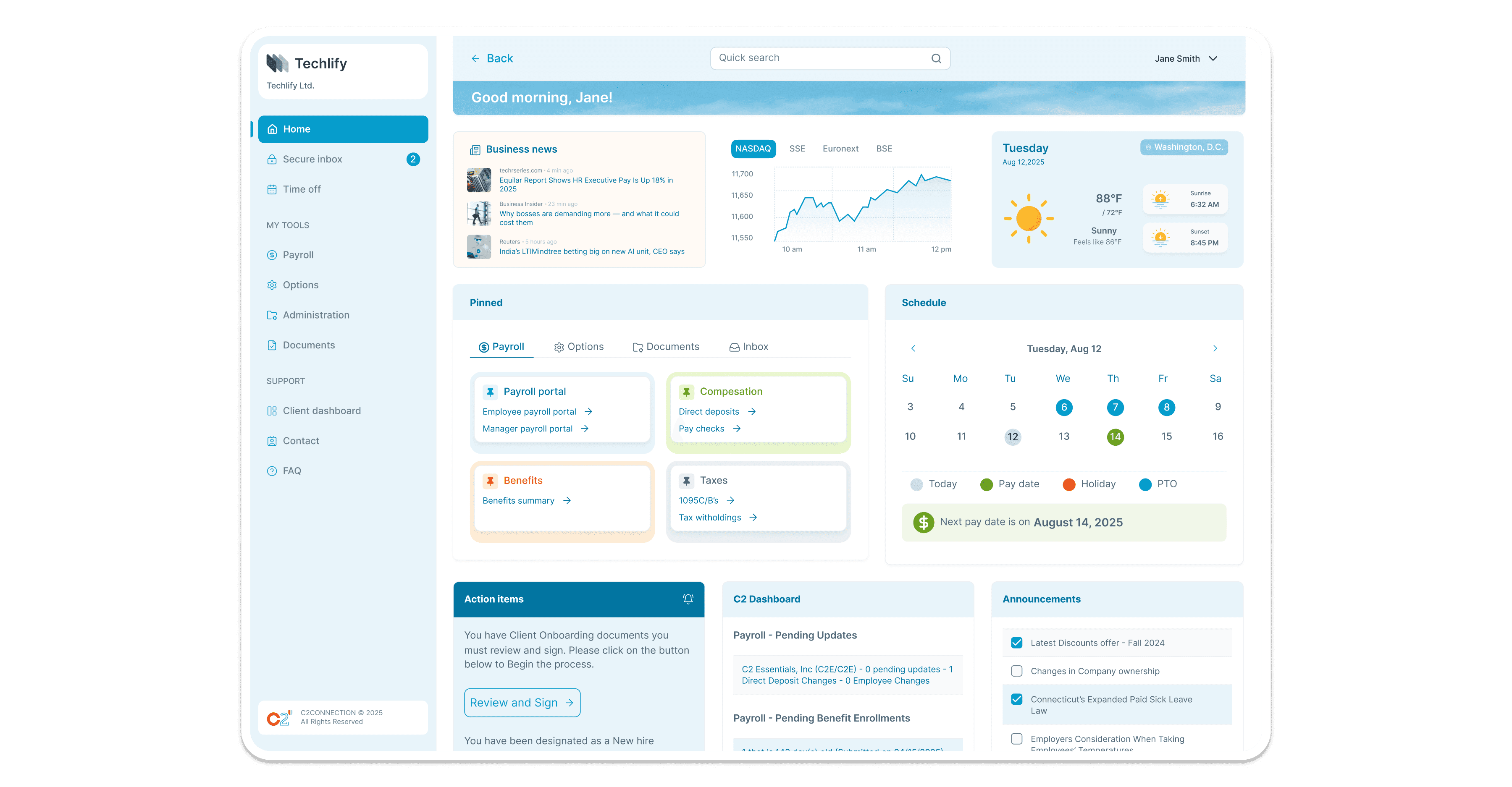 A task list on a sky background shows five items; two are "Completed," three are "Incomplete." "Forms are ready for E-sign" for "James Smith" with 4 days left.