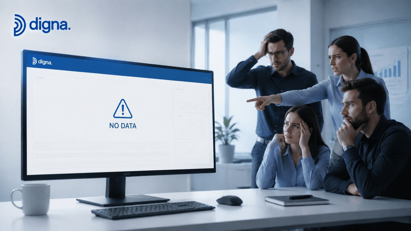 A diverse team of office professionals appearing stressed while viewing a no data error message on a computer screen.