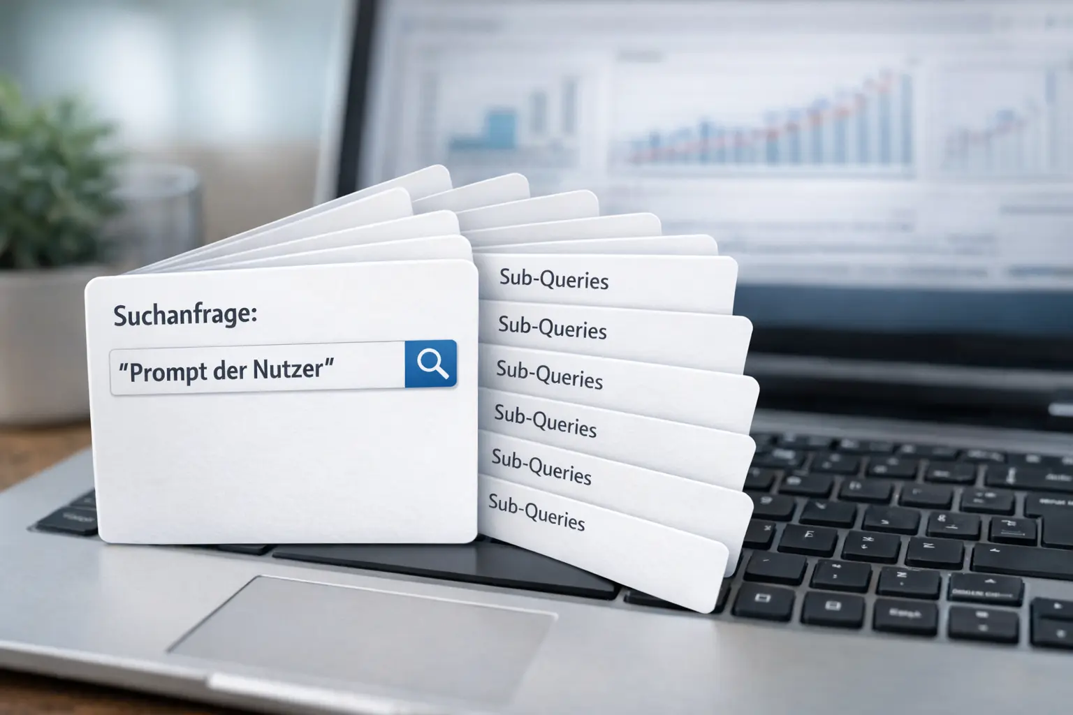 Titelbild des Beitrages Query Fan Out - Fächer vor unscharfem Hintergrund mit Laptop