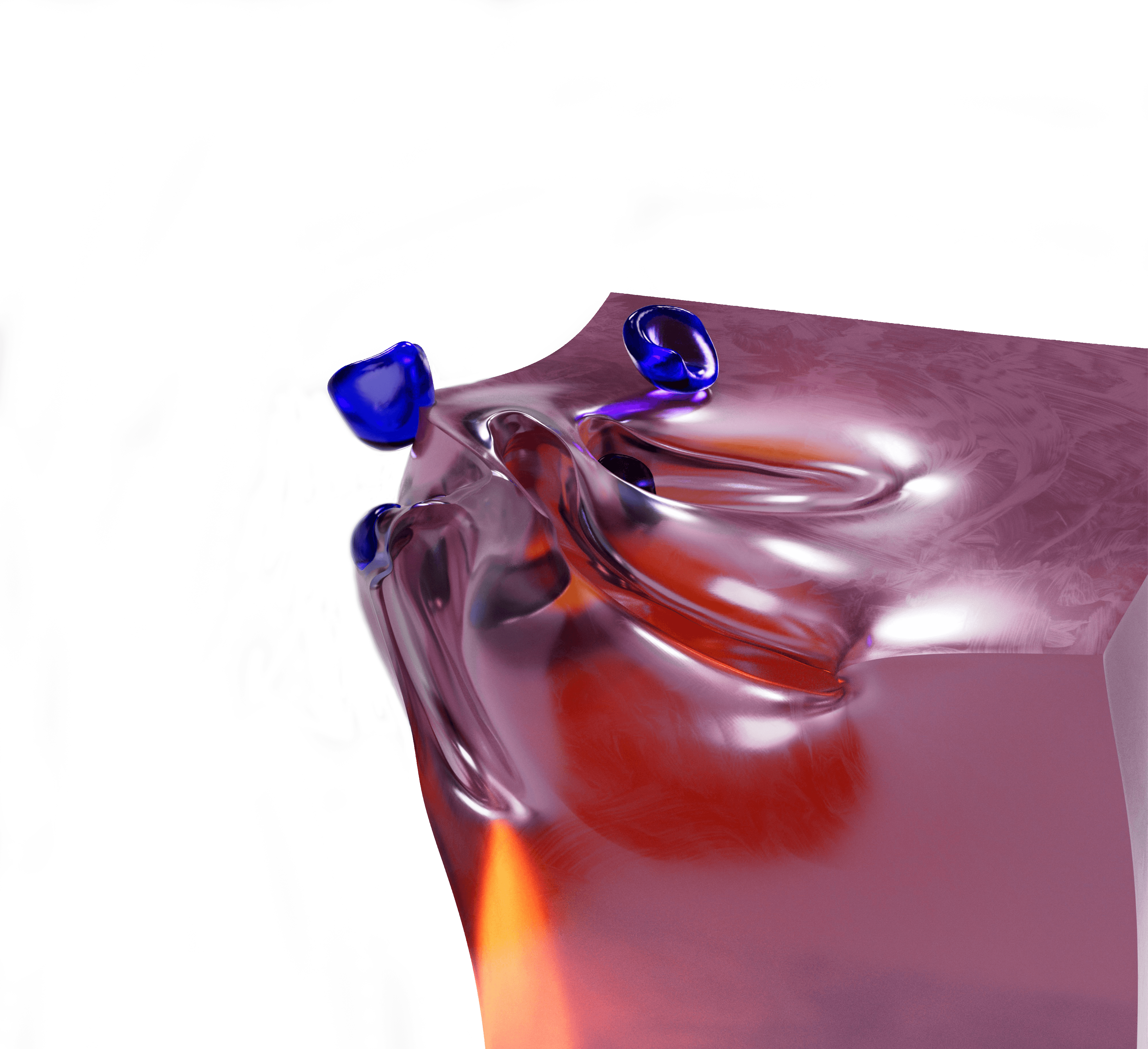 Abstract 3D cube with glossy pink, red, and blue shapes on a high-contrast bright background.