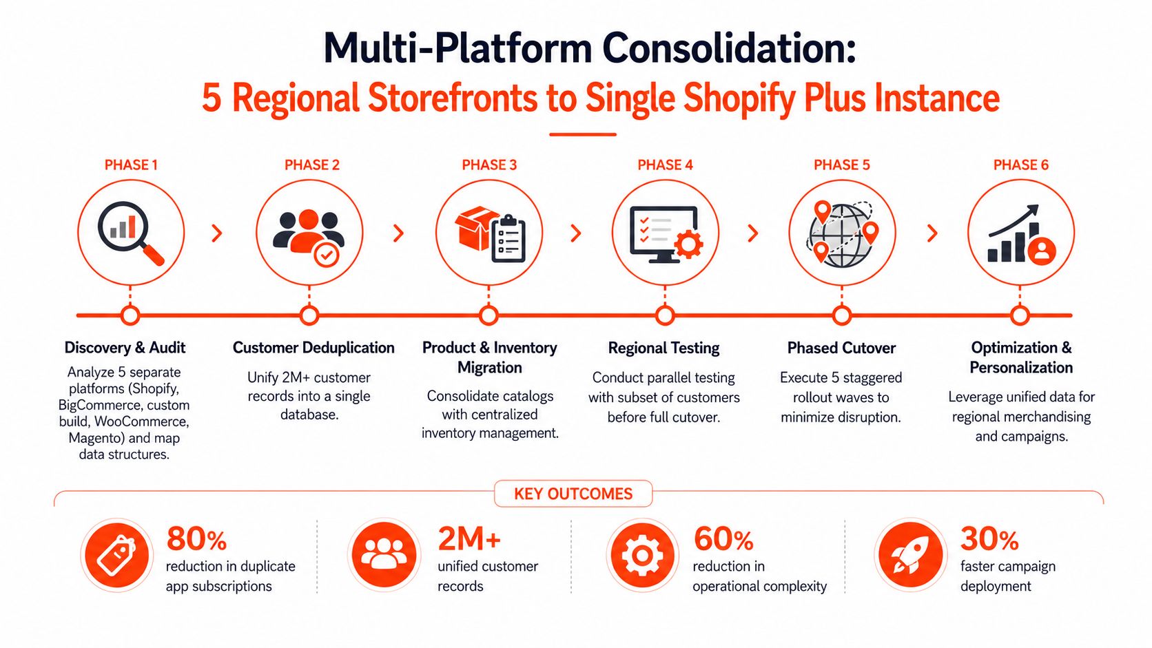 A diagram outlining a six-phase strategy for consolidating five regional ecommerce storefonts into one Shopify Plus instance.