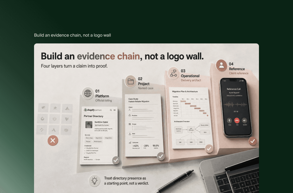 Vier Nachweisebenen zur Prüfung einer Shopify-Agentur: Partner Directory, benannter Case, Delivery-Artefakt, Kundenreferenz
