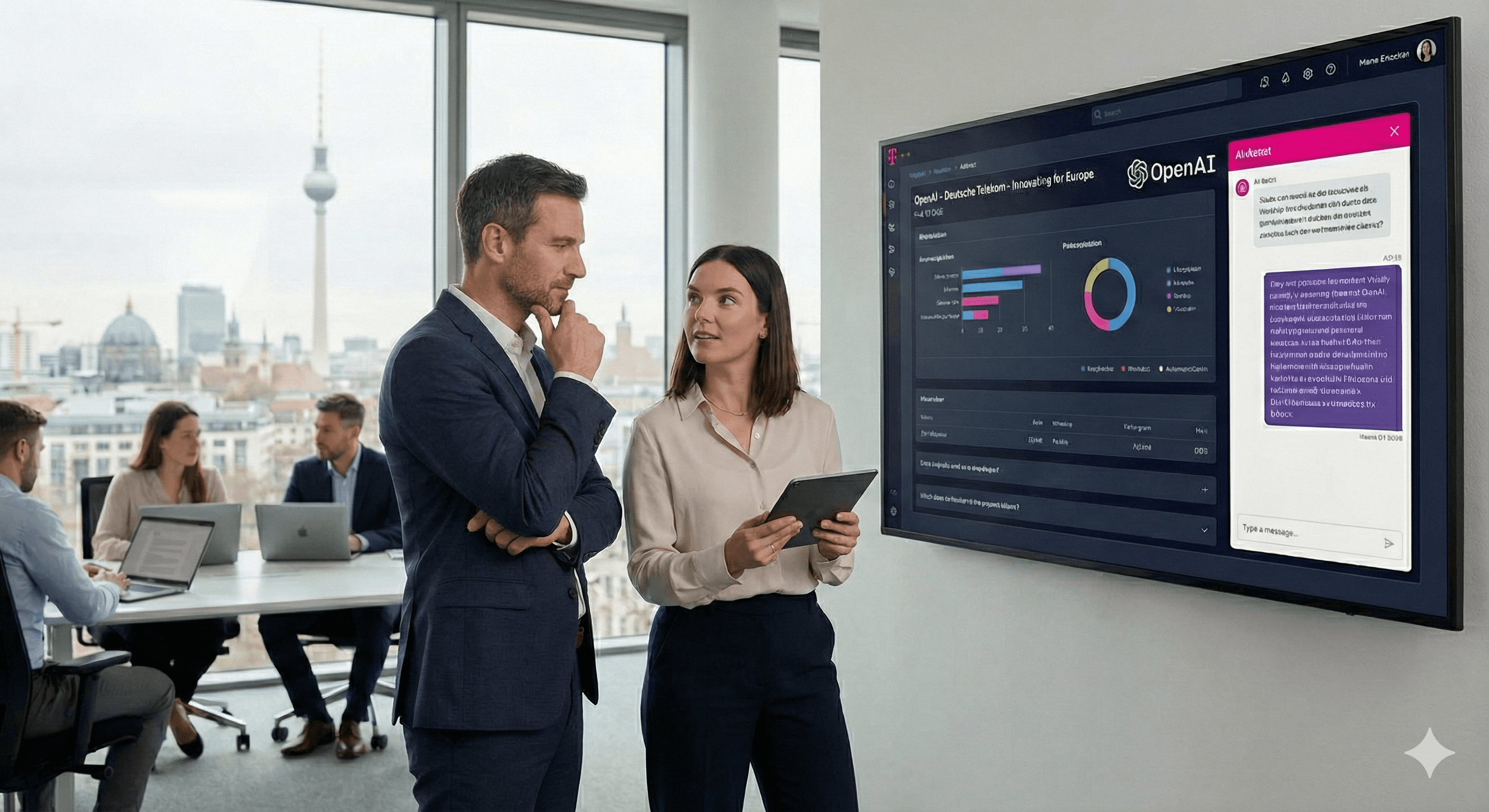 A man and woman are discussing data displayed on a large screen showing OpenAI analytics in a modern office overlooking a city skyline with the Berlin TV Tower visible in the background.