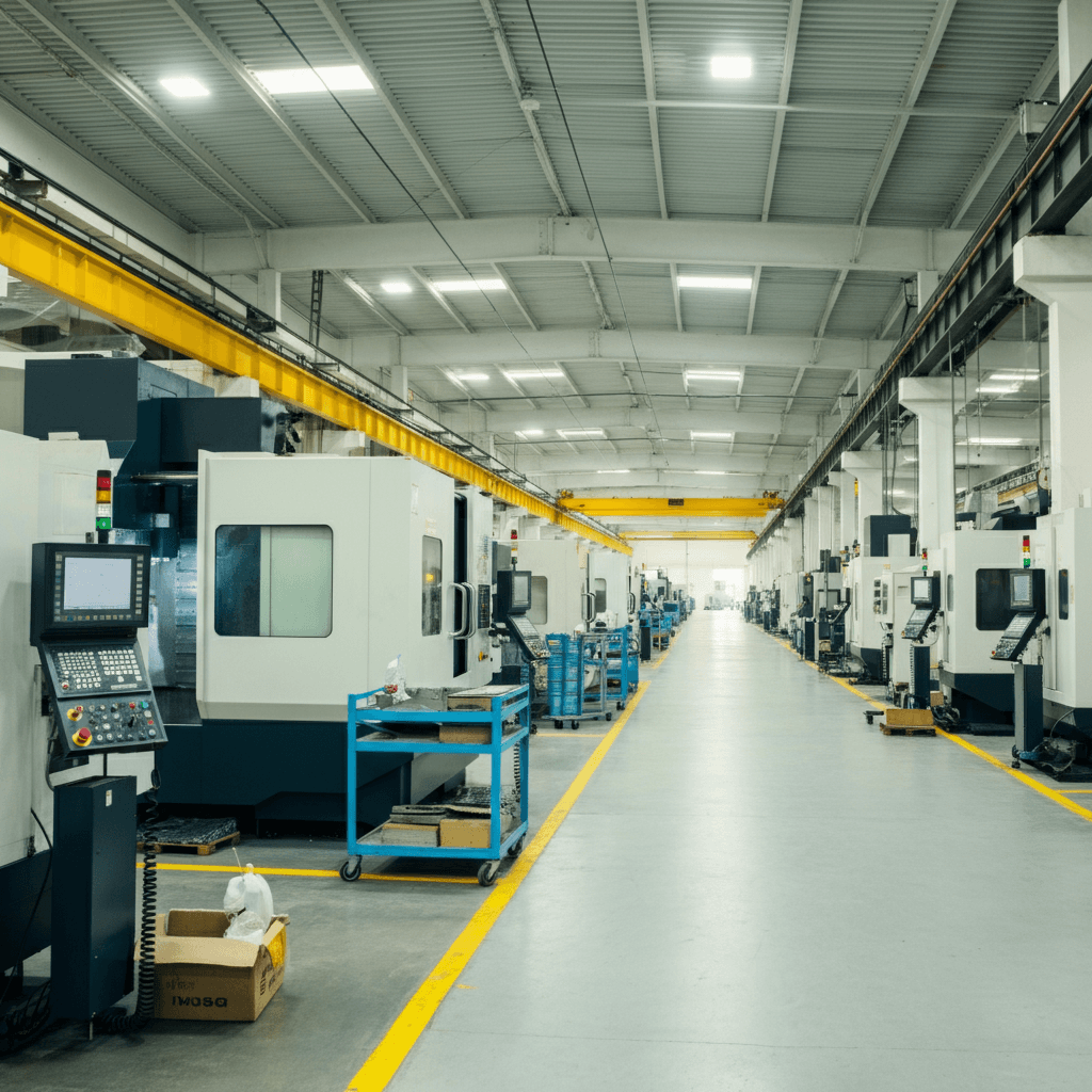 Row of CNC machining centers with overhead crane in clean, organized manufacturing facility
