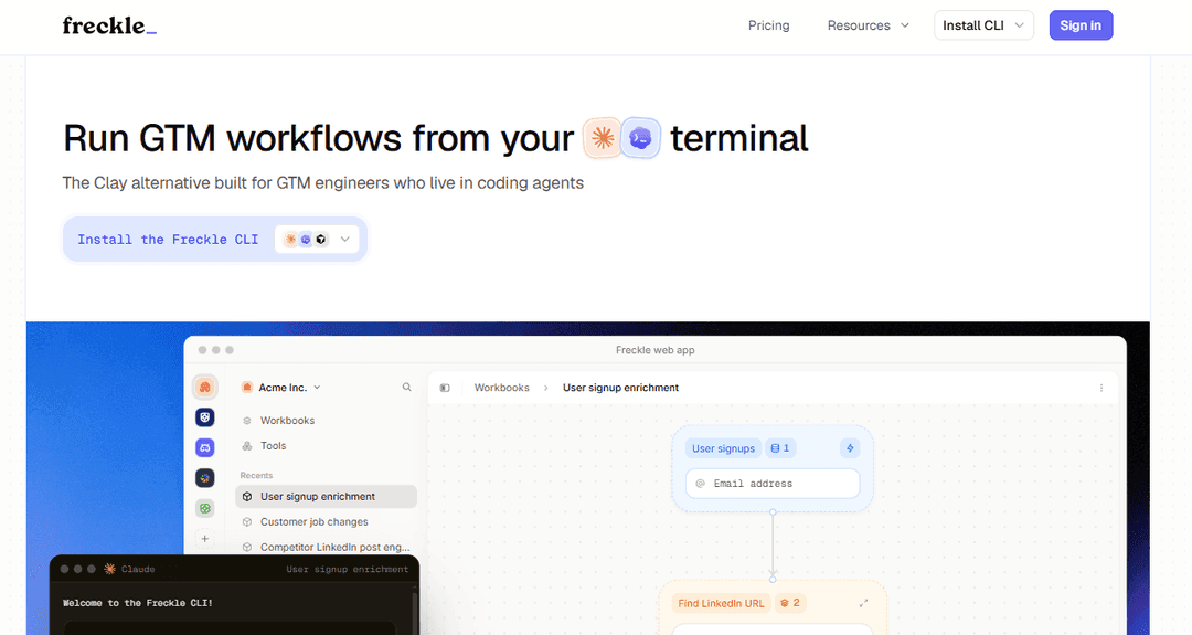 Freckle.io site pitching plain-English enrichment for non-technical teams