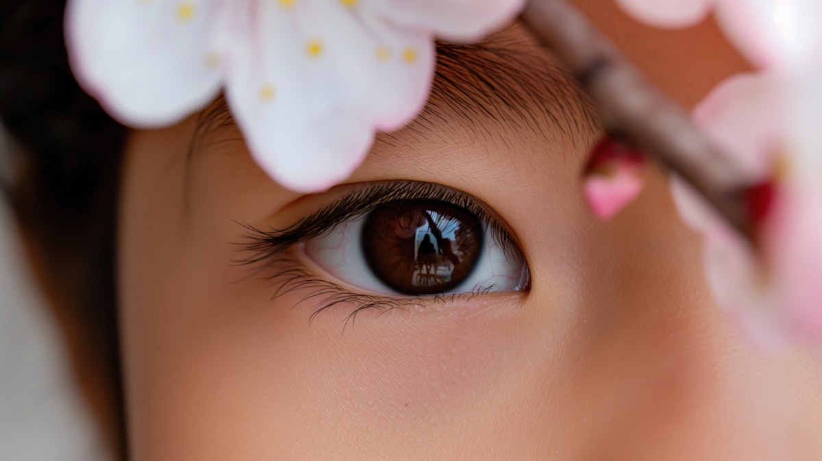 Close-up of a human eye with a brown iris, a delicate flower in the foreground, and soft lighting.