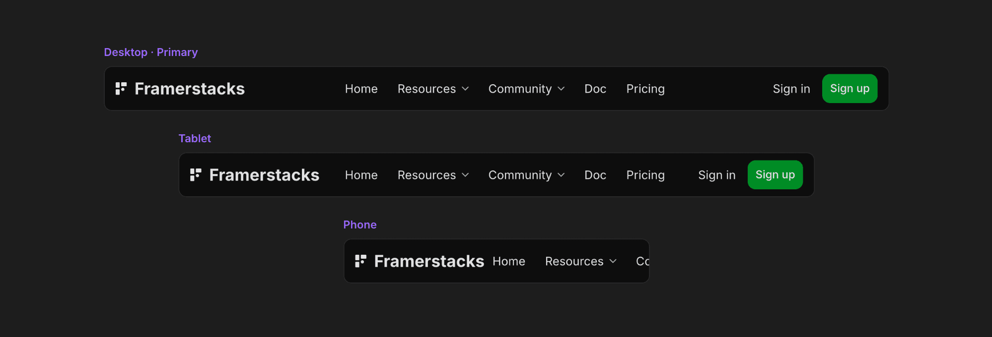 framer component canvas with 3 variants