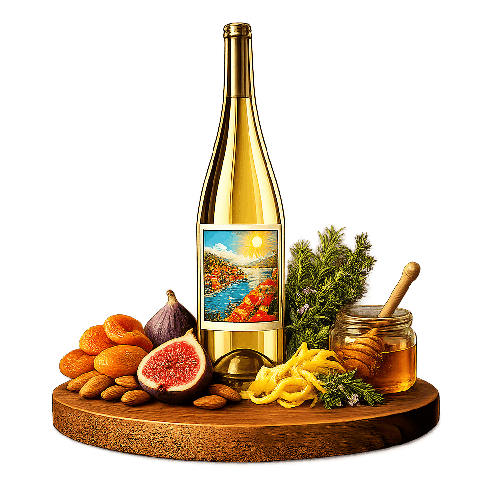 Artistic label and flavor profile for Dalmatian Posip on a rustic wooden table.