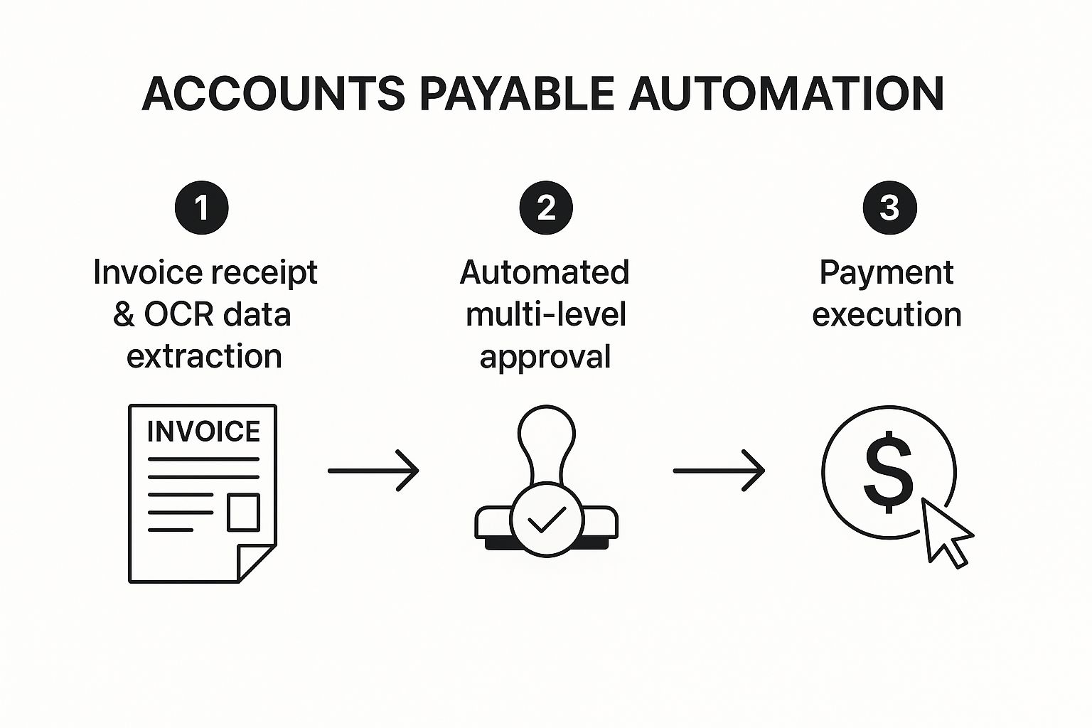 Infographic showing the three-step process of accounts payable automation: Invoice Receipt & OCR Data Extraction, Automated Multi-Level Approval, and Payment Execution.