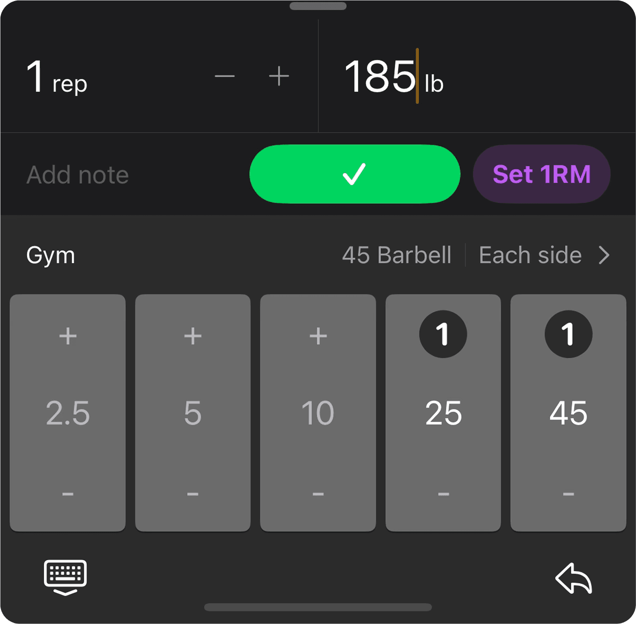 A smartphone screen displaying  the Setgraph workout tracking app focused on "Abdominal Crunch." The upper section lists past sets with timestamps, repetitions, and weights, such as "8 reps, 90 lb." Below, an input interface allows users to adjust repetitions and weights using "+" and "-" buttons or a keypad. The current set is set to "8 reps" at "90 lb," ready to be recorded with a green "Record Set" button. The sleek design provides a seamless way to log workouts.