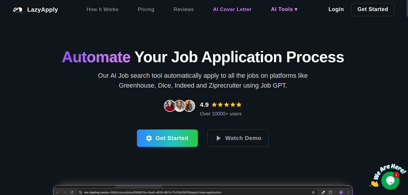 LazyApply homepage promoting its Job GPT tool that auto-applies to jobs on Greenhouse, Indeed, and ZipRecruiter