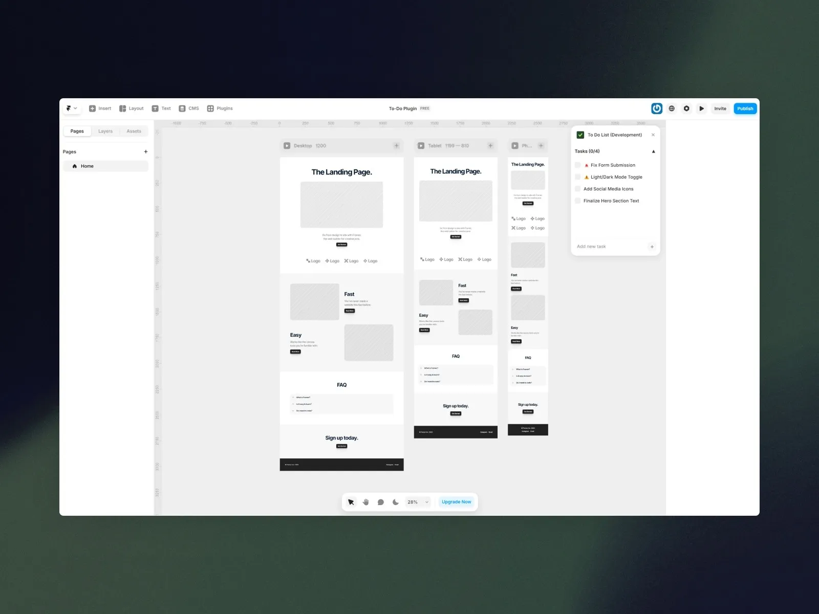 UI design software interface with website layout templates and task list.