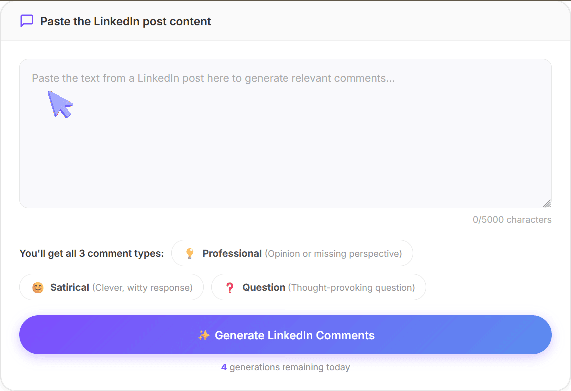 A screenshot of MagicPost's LinkedIn Comment Generator interface