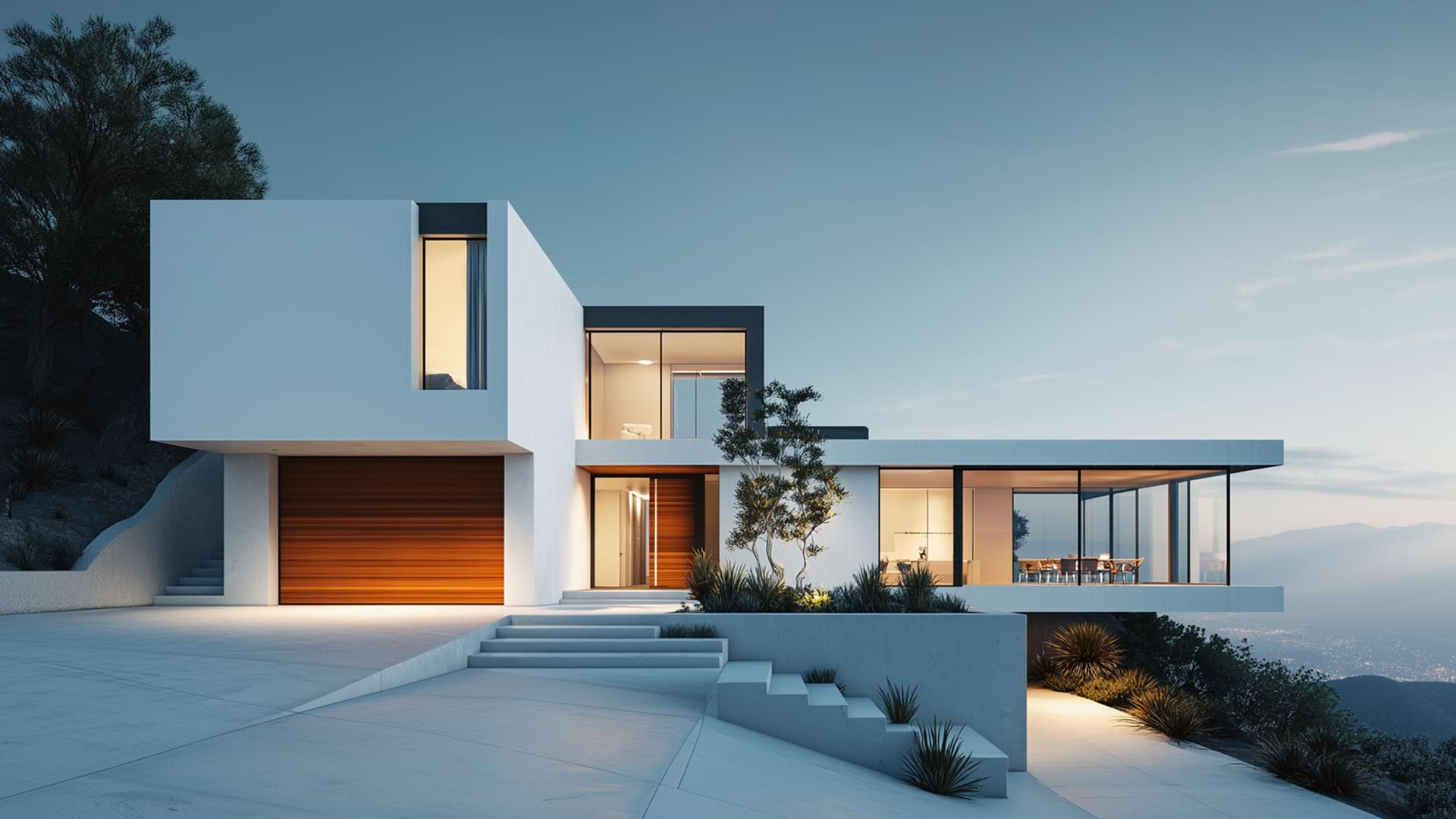 Modern hillside house at sunset with large windows and a wooden garage door. The sleek design and warm lighting convey a tranquil, luxurious atmosphere.