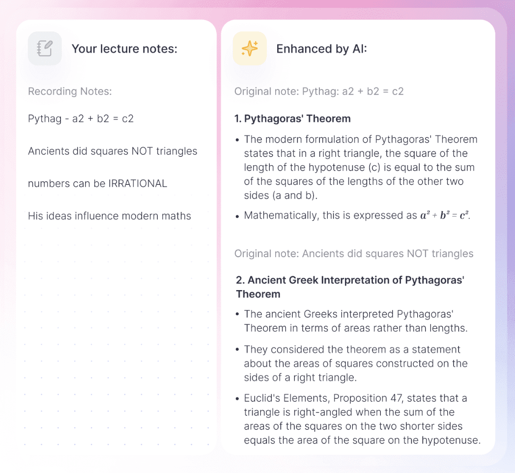 A screenshot of Jamworks' Enhanced Notes feature. It shows a student's typed note about Pythagoras' Theorem and features the correct mathematical depiction of the formula.