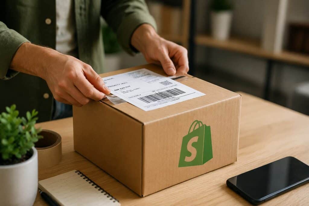 Close-up of hands placing a shipping label on a cardboard box with Shopify logo on it in a home e-commerce packing setup
