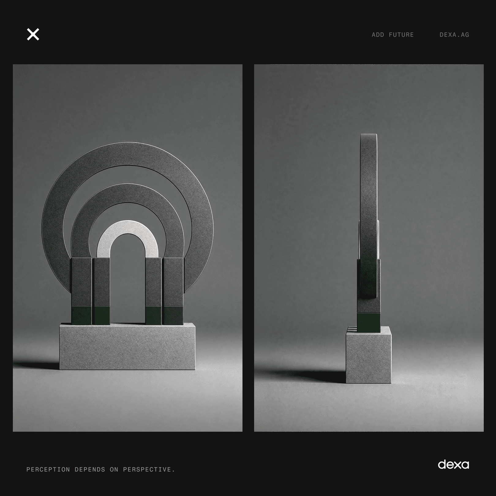 Abstract sculpture shown from the front and side represents how brand perception changes with perspective.