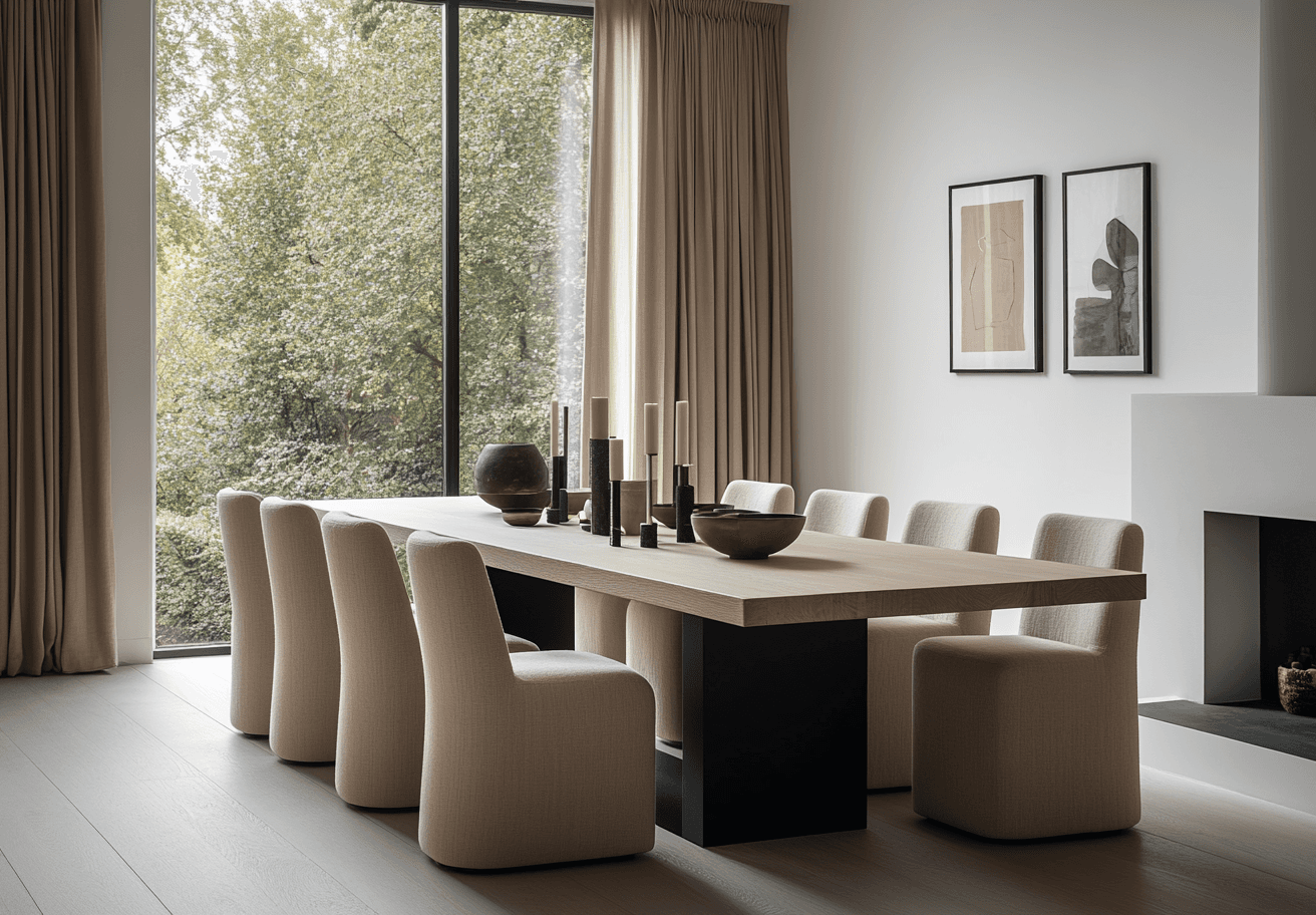 Ein modernes Esszimmer in atemberaubender 3D-Darstellung mit einem großen Holztisch, acht gepolsterten Stühlen, neutraler Einrichtung, Kerzenhaltern und Keramikschalen. Hohe Vorhänge umrahmen ein Fenster mit Blick auf grüne Bäume, unter dem zwei minimalistische Kunstwerke hängen.